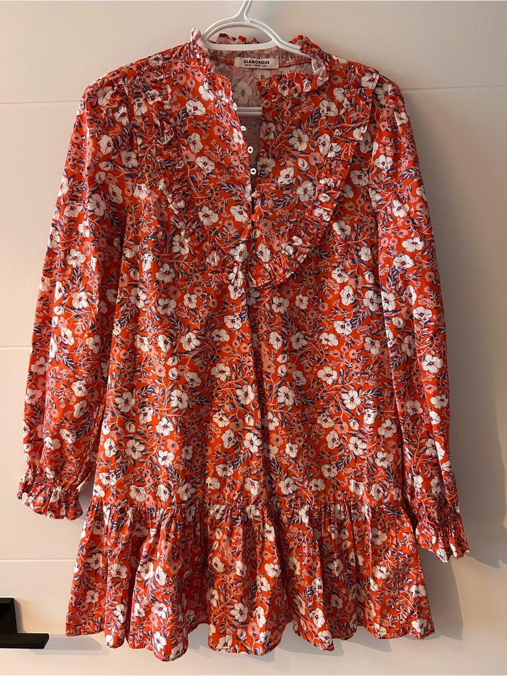 Glamorous Red-Orange Floral Long Sleeve Ruffle Dress